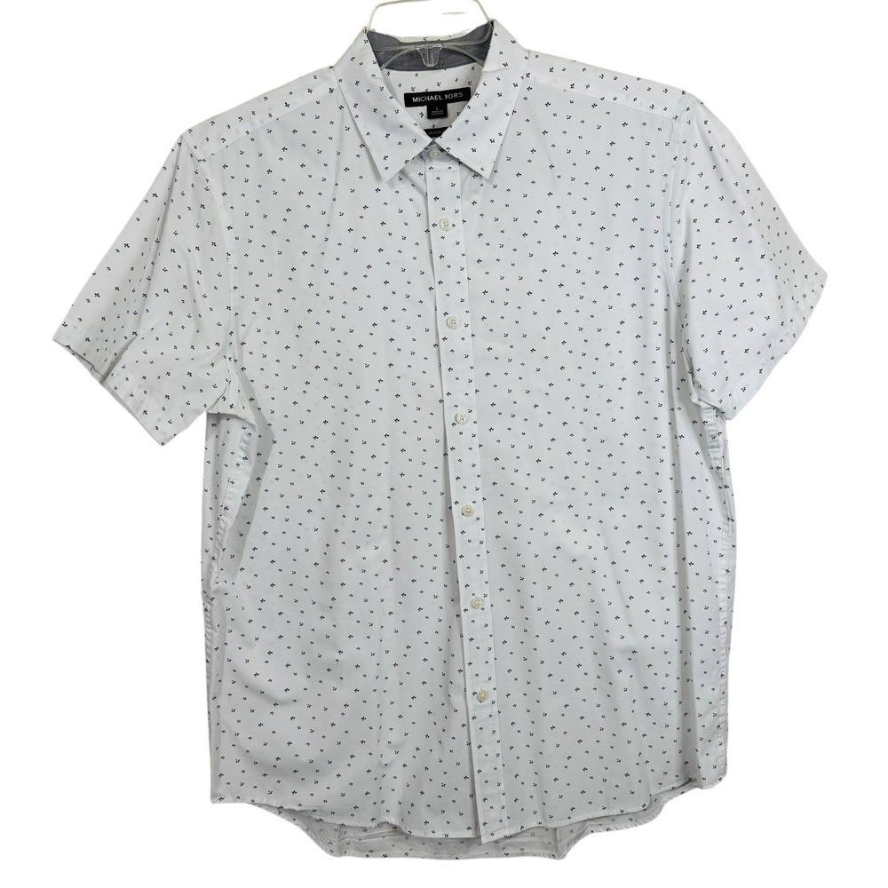 Michael Kors Shirt Men's L White Blue Floral Short Sleeve‎ Button Classic Fit